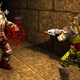 The Ranger from Quake shoots at an enemy in a dark hallway.